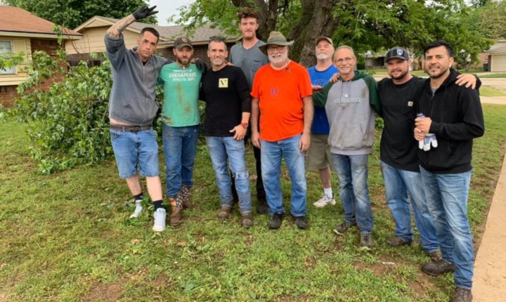 Volunteers working together on a home improvement project